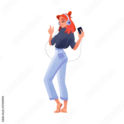 Girl listening music on smartphone in headphones or earphones, vector flat isolated. Young teenage girl in earphones listen to music on mobile phone player, smile and dance in enjoy