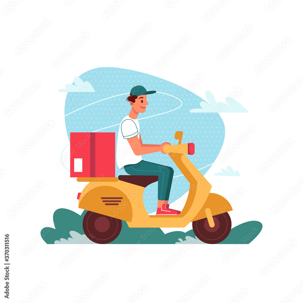 Delivery courier on scooter moped with parcel, delivering express order, vector flat cartoon isolated. Courier man with parcel on motorcycle or scooter moped delivering restaurant food or shop order