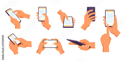 Hand holding smartphone. Vector icon of people hold smartphone or using touch gestures for mobile phone while reading. Press and point, pich and unpinch, rotate and swipe symbol. Digital device