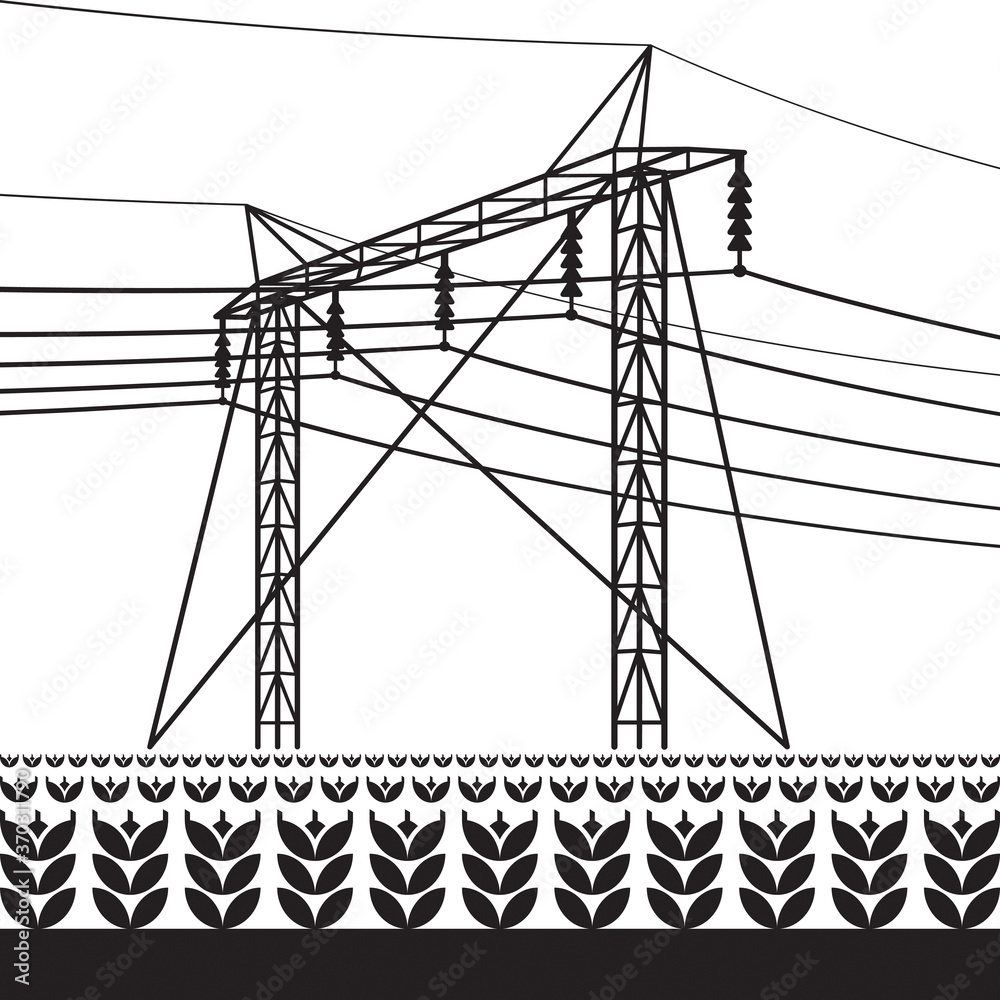 High voltage power line over the field with plants – vector ...