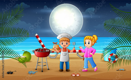 Beach barbeque party with happy children