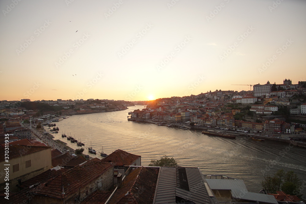 Portugal, beautiful historic cityscape of Porto with beautiful sunset