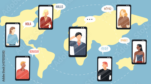 Modern Communication Concept. People From Different Countries Around The World Communicate With Each Other Through The Distance. Making Video Calls Using Modern Devices. Flat Style Vector Illustration