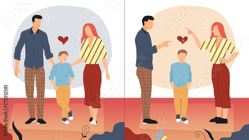 Relationship And Family Concept. Smiling Parents Cheer On Their Son. Mom And Dad Start Fighting. Husband And Wife Point Fingers At Each Other Souring A Child s Mood. Flat Style Vector Illustration