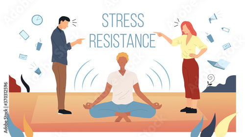 Stress Resistance Concept. Male And Female Couple Fight With Each Other Over Everyday Routine. Relaxed Man Sits In The Middle. A Person Who Is Not Bothered By Stress. Flat Style Vector Illustration