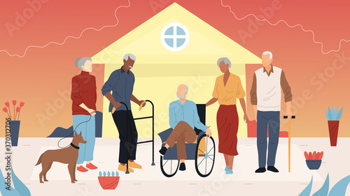 Disabled Healthcare Concept. People with Disabilities in Everyday Life. Man Sitting On The Wheelchair. Women With Dog And Man With Prothesis Walking Together Outdoors. Flat Style Vector Illustration