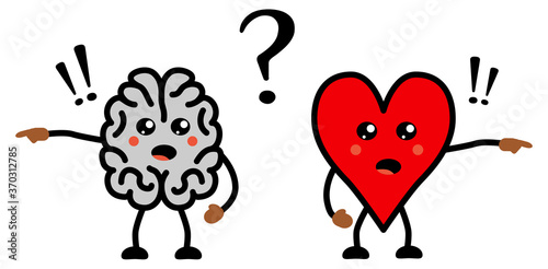 Cute Kawaii style disagreeing brain and heart icon, emotions and rational thinking conflict concept