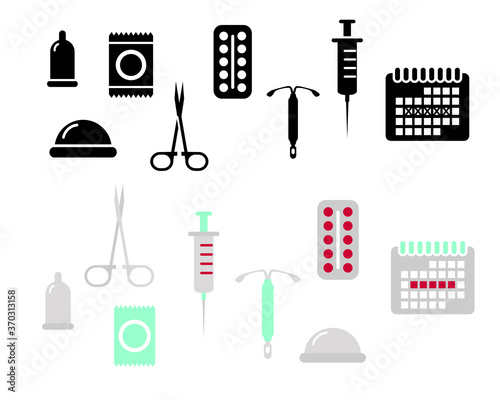 Set of icons and silhouettes with methods of contraception. Clip art for World Contraception Day