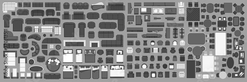 Icons set of interior. Furniture top view. Elements for the floor plan. (view from above). Furniture and elements for living room, bedroom, kitchen, office.