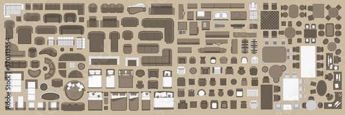 Icons set of interior. Furniture top view. Elements for the floor plan. (view from above). Furniture and elements for living room, bedroom, kitchen, office.
