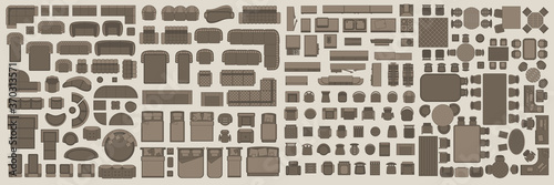 Icons set of interior. Furniture top view. Elements for the floor plan. (view from above). Furniture and elements for living room, bedroom, kitchen, office.
