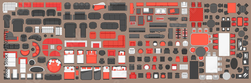 Icons set of interior. Furniture top view. Elements for the floor plan. (view from above). Furniture and elements for living room, bedroom, kitchen, office.