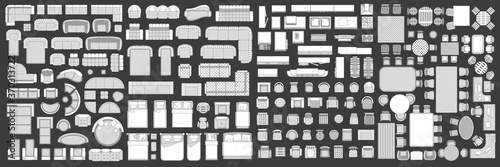 Icons set of interior. Furniture top view. Elements for the floor plan. (view from above). Furniture and elements for living room, bedroom, kitchen, office.