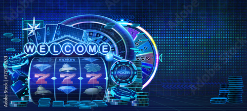 Abstract gambling casino games banner with wireframe style computer generated slot reels, poker chips, roulette wheel, dices, wheel of fortune, coins and a welcome neon sign. 3D illustration photo