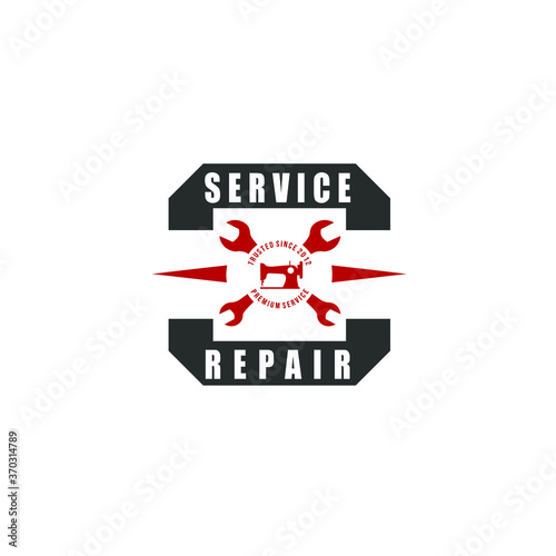 Vector illustration of red sewing machine silhouette and wrench decorated with square black frame isolated on white background suit for service and repair business logo