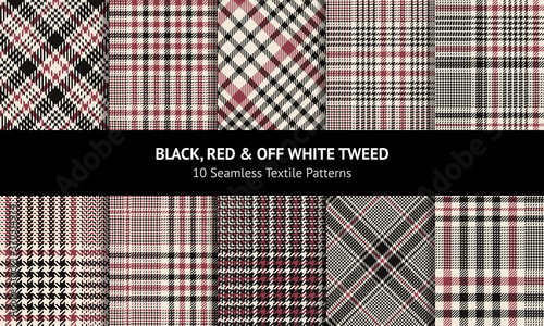 Glen pattern set in black, red, off white. Ten seamless designs for blanket, tablecloth, jacket, or other modern tweed textile print. Seamless background graphics collection.