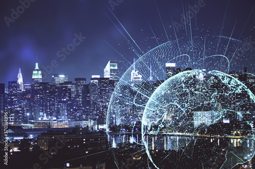 Multi exposure of social network theme drawing and cityscape background. Concept of people connecton.