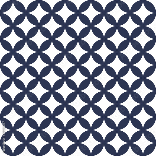 Geometric pattern. Seven treasures Japanese vector in navy blue and white. Shippou overlapping circles vector wallpaper, textile, paper, or other prints. Seamless traditional background.