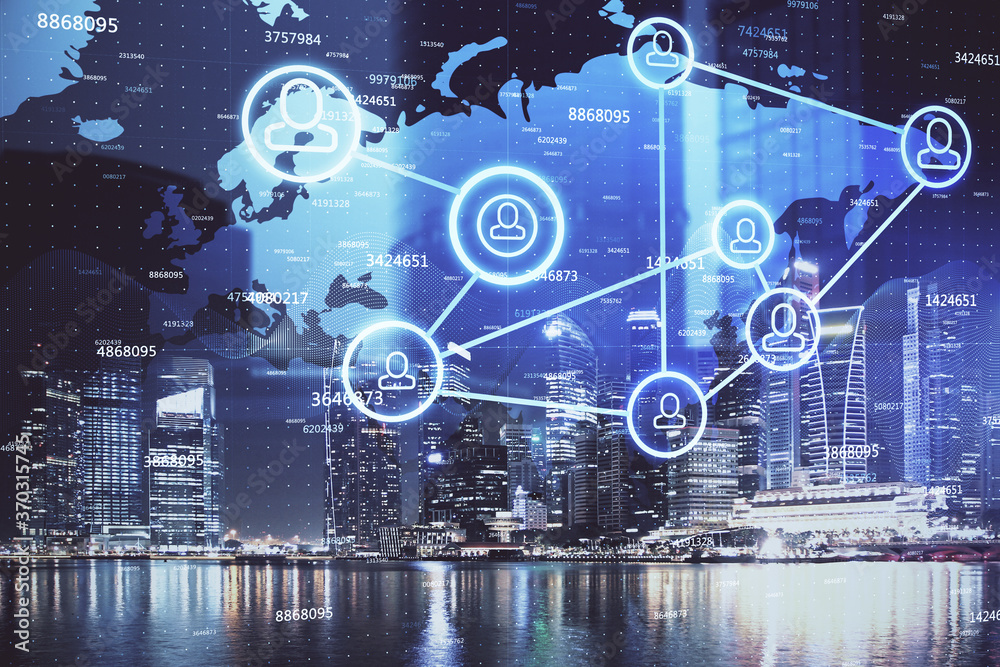 Multi exposure of social network theme drawing and cityscape background. Concept of people connecton. Multi exposure of social network theme drawing and cityscape background. Concept of people connecton.