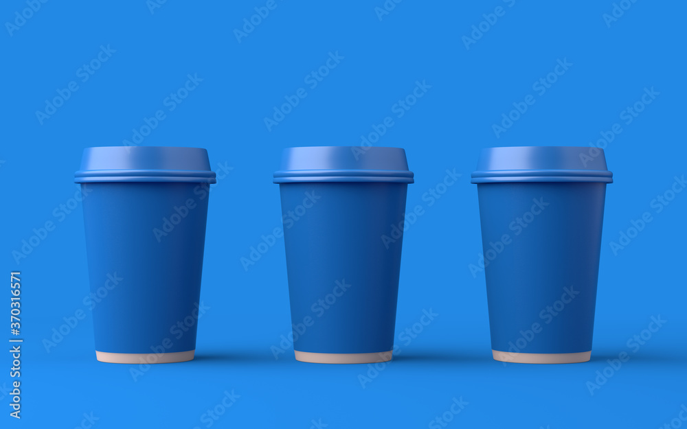Three disposable plastic cups standing in a row. Mockup for your design. 3d illustration rendering. Three disposable plastic cups standing in a row. Mockup for your design. 3d illustration rendering.