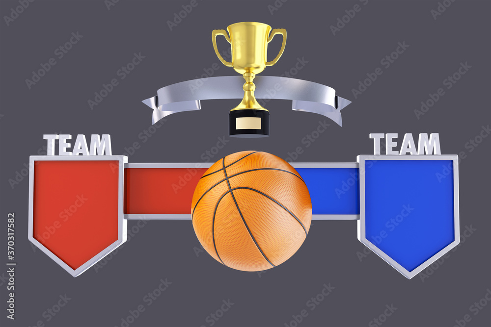 Ilustrace „Basketball match, Team or Tournament name badge , mock-up  scoreboard and gold cup trophy for winner, Background and graphic template  for sports presentation score or game results, 3D rendering“ ze služby