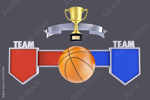 Basketball match, Team or Tournament name badge , mock-up scoreboard  and gold cup trophy for winner, Background and graphic template for sports presentation score or game results, 3D rendering
