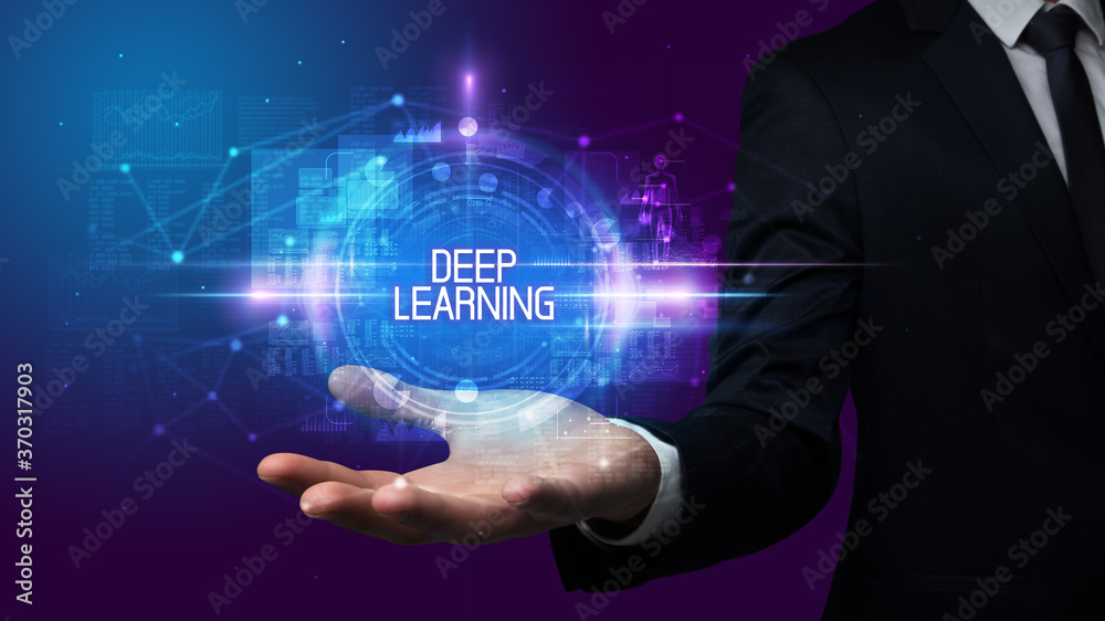 Man hand holding DEEP LEARNING inscription, technology concept