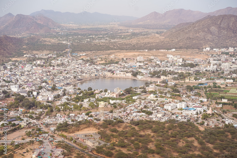 Aerial landscape view of Pushkar town and sacred lake