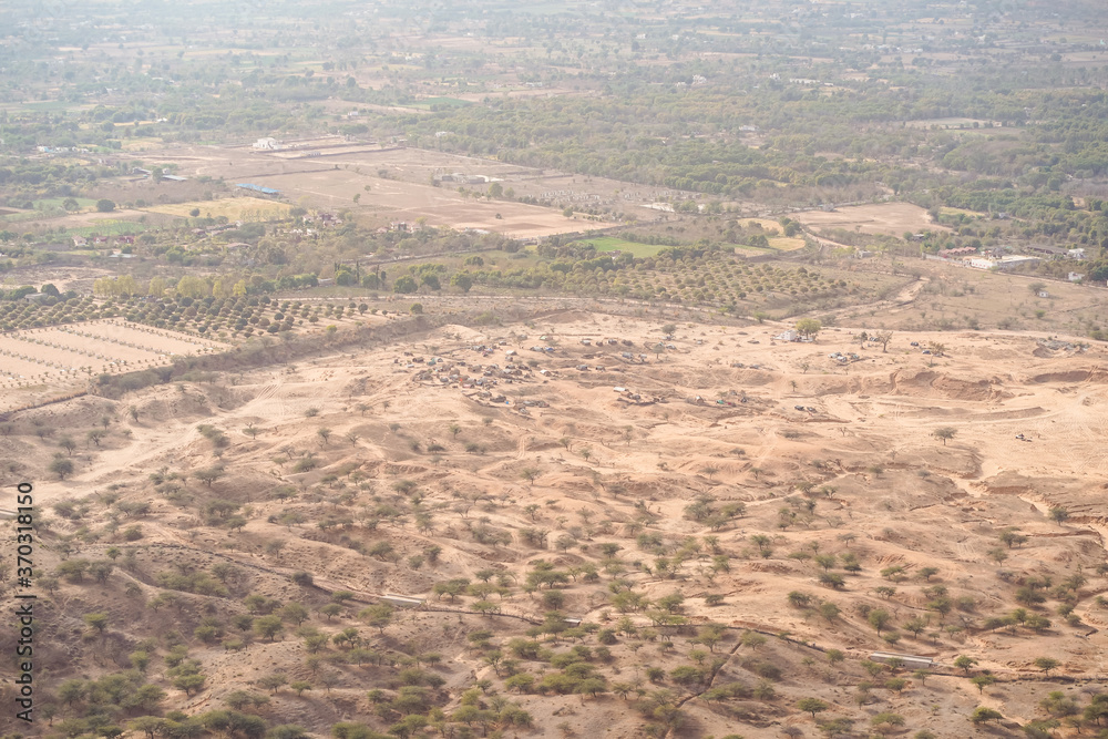 Aerial landscape view of settlement in desert near Pushkar town