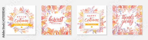 Autumn seasonals postes with leaves and floral elements in fall colors.Greetings and harvest fest posters perfect for prints flyers banners invitations.Trendy fall designs.Vector autumn illustrations