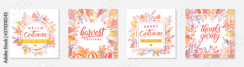 Autumn seasonals postes with leaves and floral elements in fall colors.Greetings and harvest fest posters perfect for prints,flyers,banners,invitations.Trendy fall designs.Vector autumn illustrations