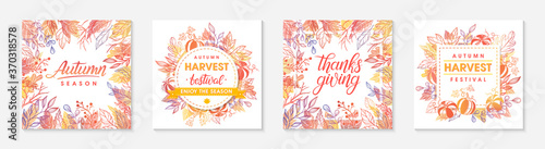 Autumn seasonals postes with leaves and floral elements in fall colors.Greetings and harvest fest posters perfect for prints,flyers,banners,invitations.Trendy fall designs.Vector autumn illustrations