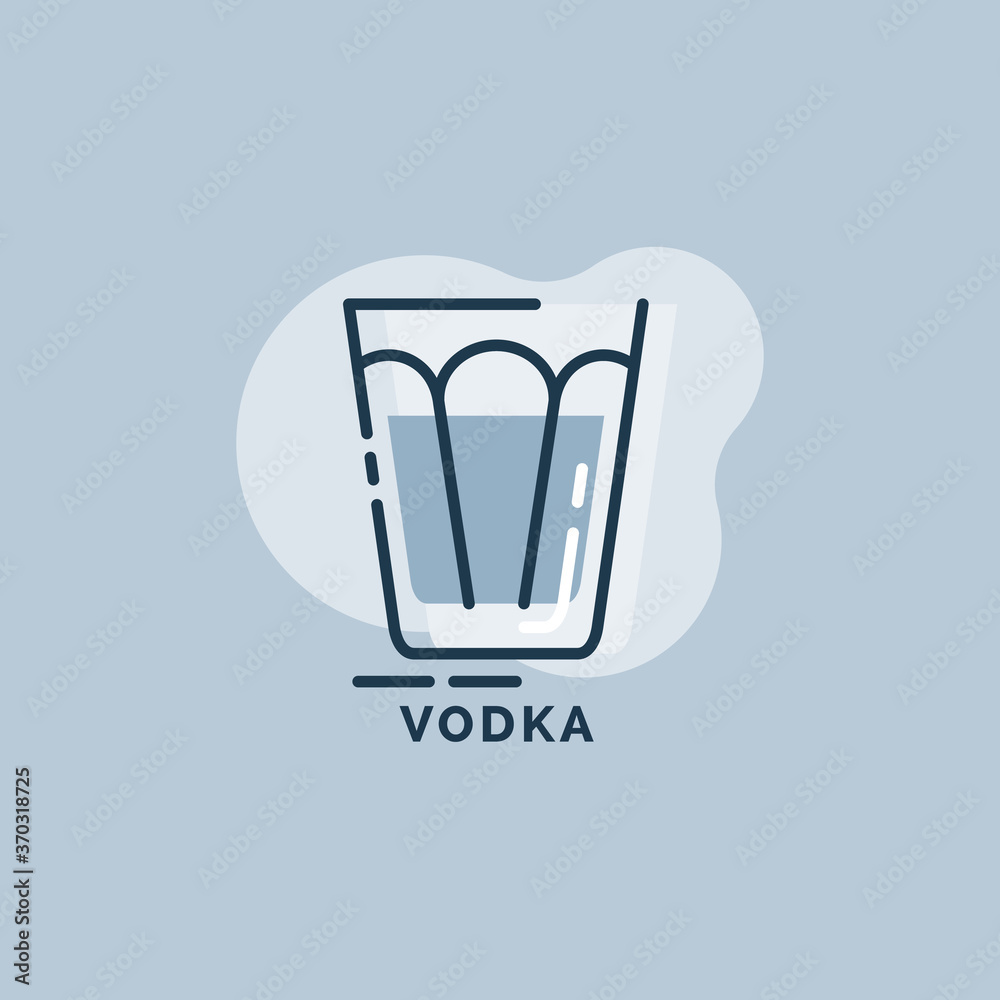 Shot vodka line art in flat style. Restaurant alcoholic illustration for celebration design. Design contour element. Beverage outline icon. Isolated on color background in graphic style