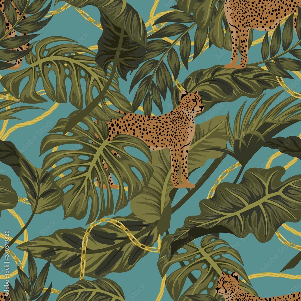 Trendy seamless pattern with chains and tropical leaves on leopa