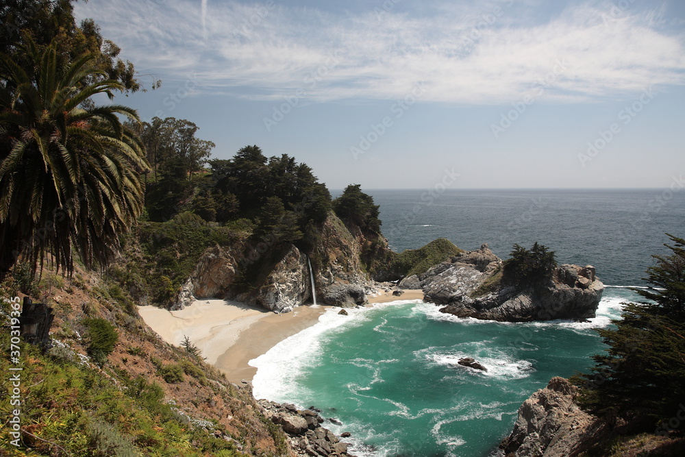 Aerial View of McWay Falls of Julia Pfeiffer Burns State Park at the pacific coast Highway one in Big Sur region, California.