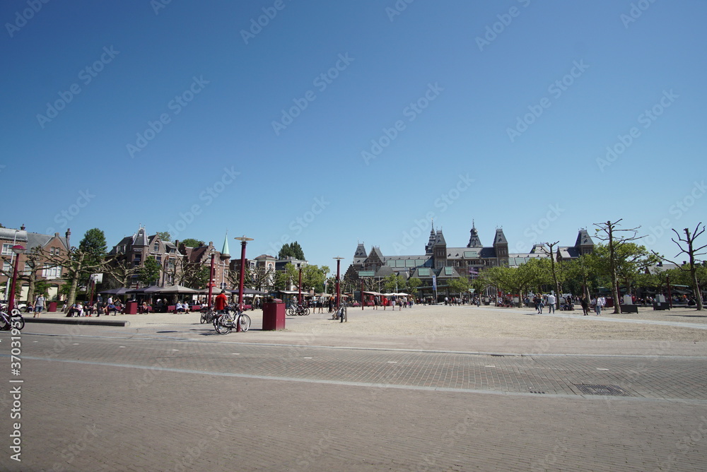 AMSTERDAM, NETHERLANDS, Tourists at the famous sign 'I amsterdam' at Museum Square near Rijksmuseum in Amsterdam.