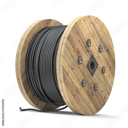 Canvas Print Black wire electric cable on wooden coil or spool isolated on white background