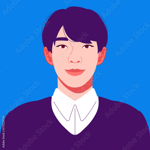 Portrait of a handsome male office worker  student. Confident young man in business attire on a blue  background. Happy Asian boy smiling. Social network profile avatar. Contemporary flat design.