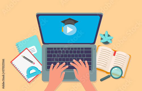 Online education vector flat illustration. Laptop and human hands, copy books, book, protractor, home plant, pencil, Concept of online learning at home, online test, distance learning.