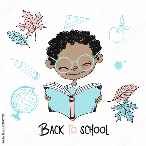 Cute dark-skinned boy reading a book. Back to school. Vector.