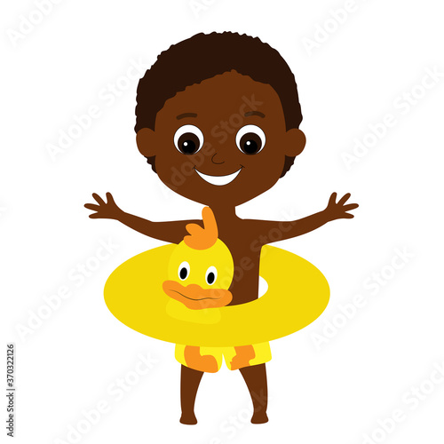 A tanned African or African American boy in a joyful mood spread his arms wide. The child is dressed in shorts and an inflatable yellow rubber ring in the form of a duckling. Cartoon.