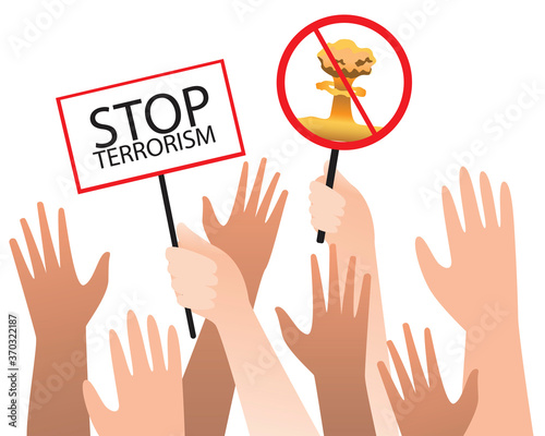 Protest and hands with rent stop terrorism as end to terrorism in africa, explosion in beyrute popal, flat vector stock illustration isolated on white background