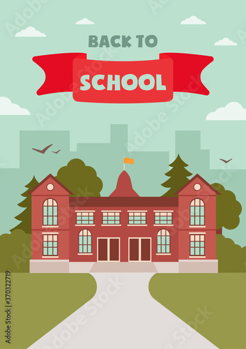 Fototapeta Naklejka Na Ścianę i Meble -  Vector poster concept that encourages schoolchildren to go back to school. A modern school in a green area far from the city accepts new students and waits for old ones after the summer vacation. Ai.