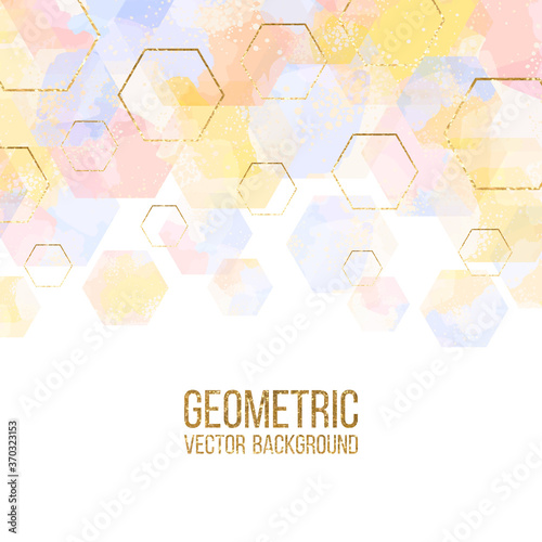Geometric template illustration with gold and watercolor polygons on white. Hexagon abstract background
