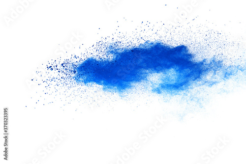 Blue powder particle splash isolated on white background.