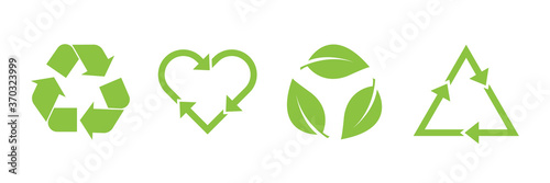 Recycle vector icon set. Arrows, heart and leaf recycle eco green symbol. Rounded angles. Recycled signs illustration isolated on white background. photo