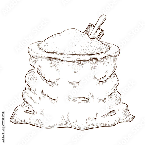 hand drawn flour or sugar bag sketch isolated on white. whole sack of flour sugar with scoop vector icon. Vintage engraved illustration of burlap rustic bag great for label, bakery menu package design