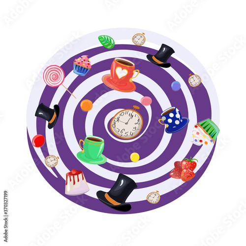 Mad tea party on hypnotizing background with stovepipe hat, clock, cups, sweets. Alice in Wonderland inspired.