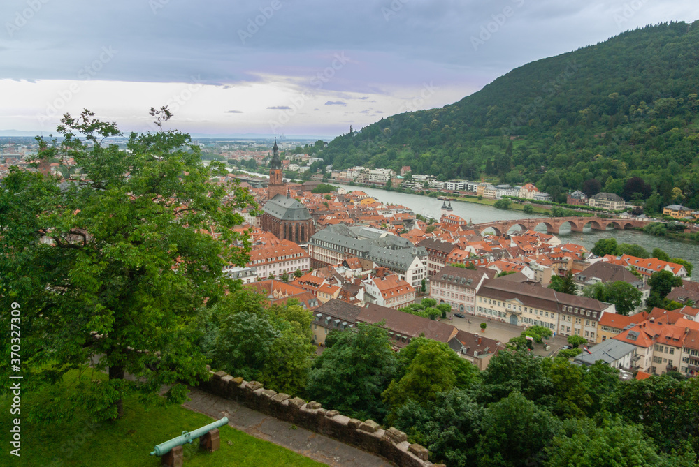 Aerial view over Heidelberg and river Neckar with Old Bridge