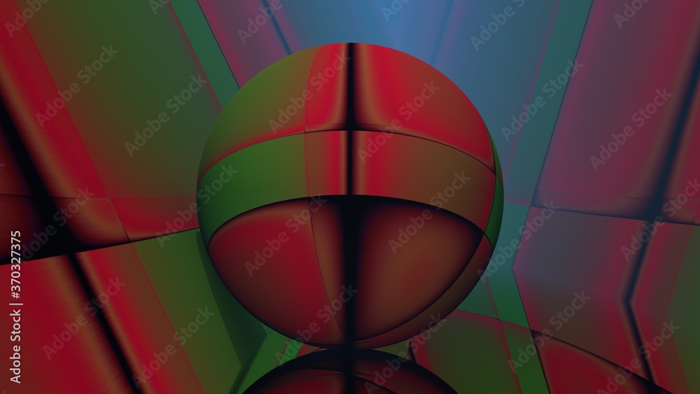 Fototapeta premium Rendu numérique d'un travail 3D sur une sphère posée dans un décor s'accordant avec ses couleurs.